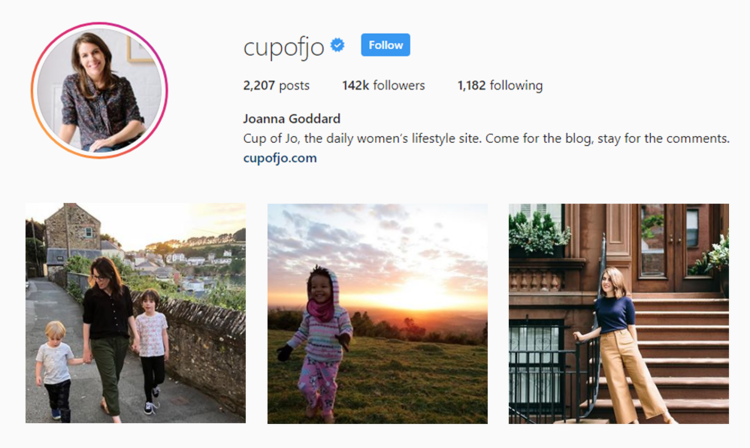 screenshot of Instagram profile of CUP OF JO - JOANNA GODDARD