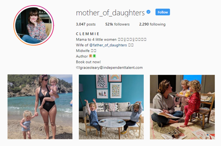 screenshot of Instagram profile of MOTHER OF DAUGHTERS - CLEMMIE HOOPER