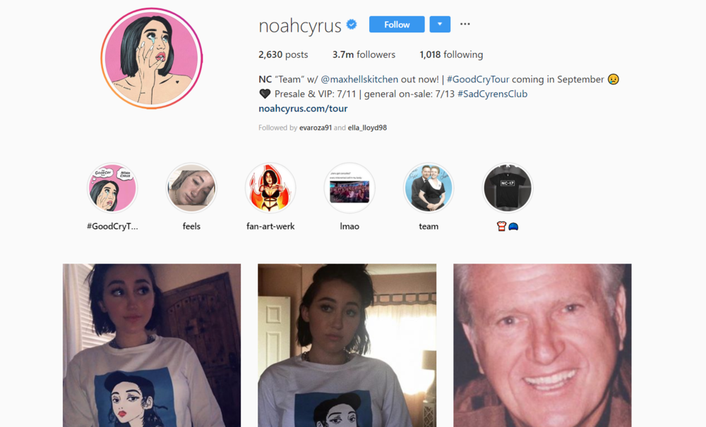 screenshot of INstagram profile of Noah Cyrus