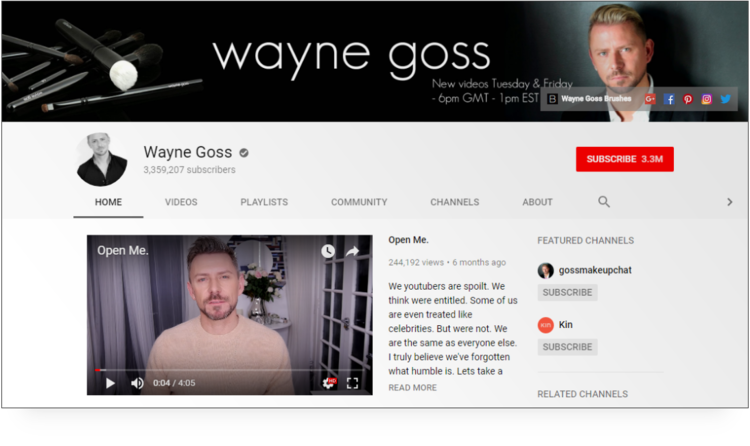 screenshot of YouTube profile for MUA Wayne Goss