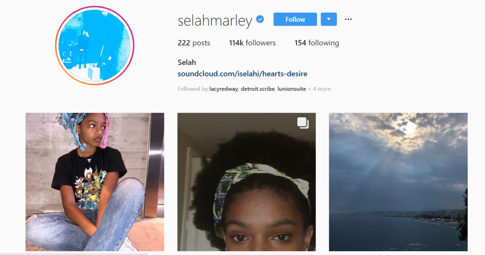 screenshot of INstagram profile of Selah Marley