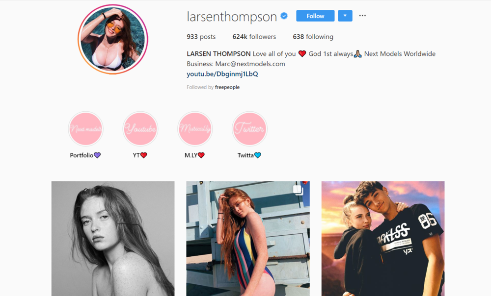 screenshot of INstagram profile of Larsen Thompson