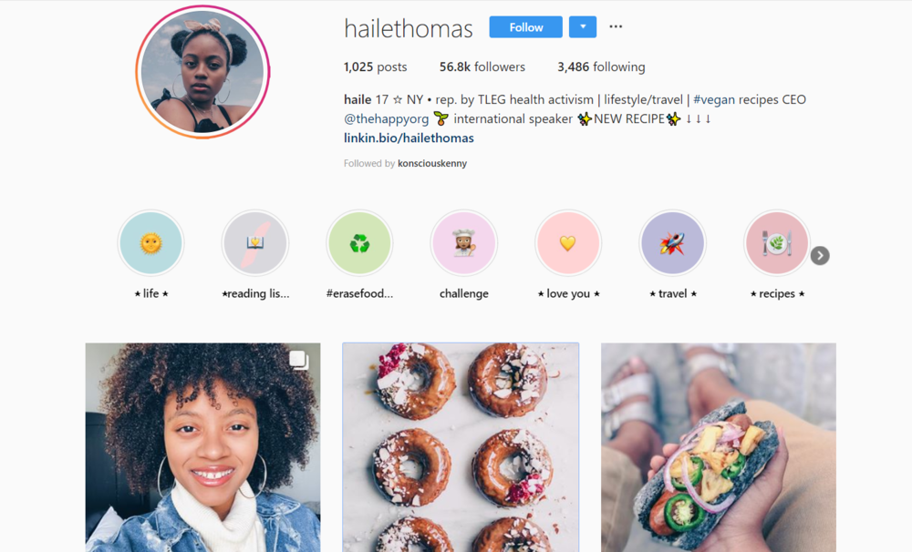 screenshot of INstagram profile of Haile Thomas