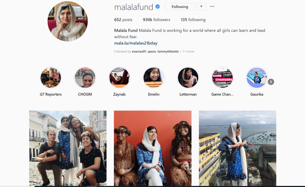 screenshot of INstagram profile of Malala Yousafzai