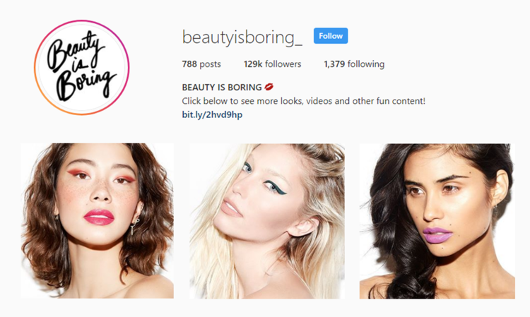 screenshot of Instagram profile for MUA  @beautyisboring_