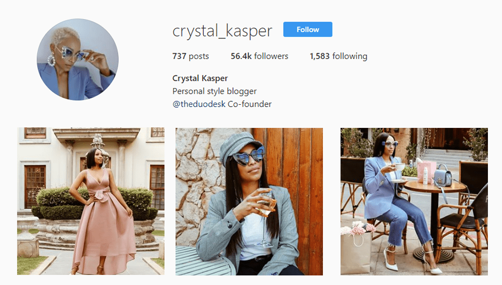 screenshot of African influencer Crystal Kasper - @crystal_kasper - SOUTH AFRICA