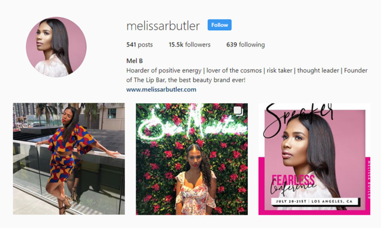 screenshot of Instagram profile for MUA @melissarbutler
