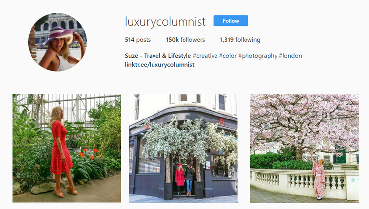 screenshot of Instagram profile of @luxurycolumnist