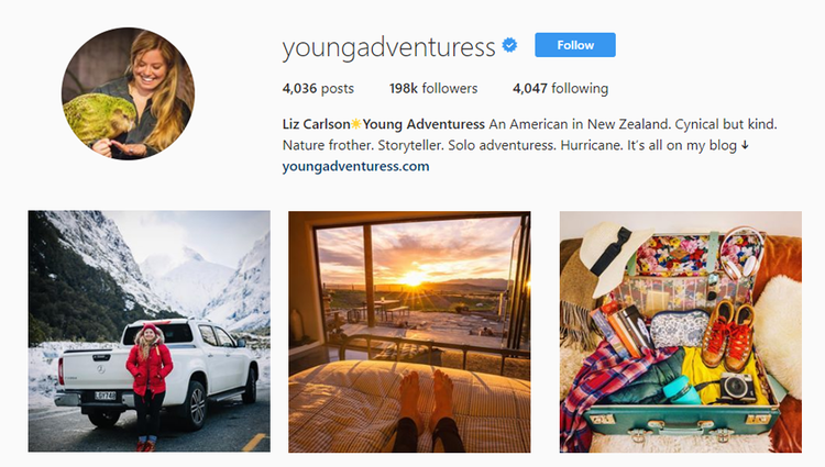  screenshot of Instagram profile of @youngadventuress