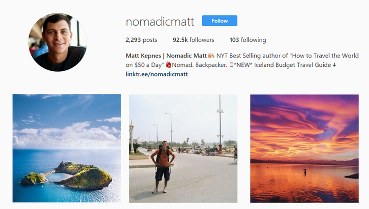 screenshot of Instagram profile of @nomadicmatt