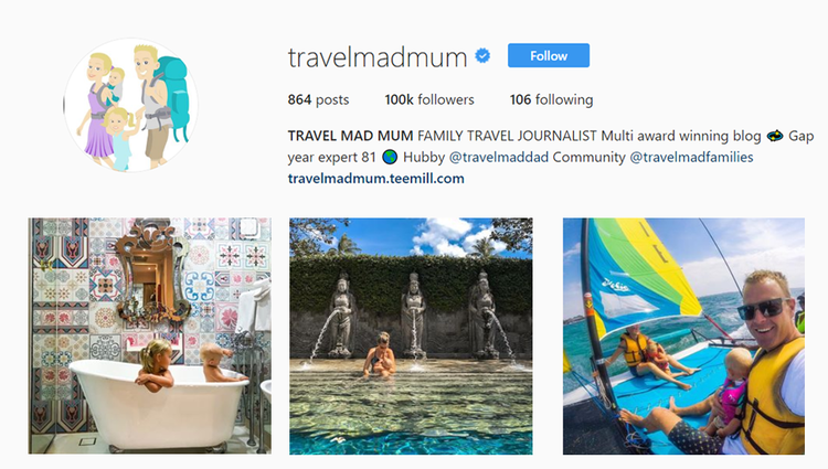 screenshot of Instagram profile of @travelmadmum