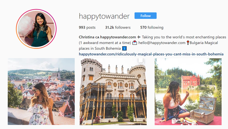 screenshot of Instagram profile of @happytowander