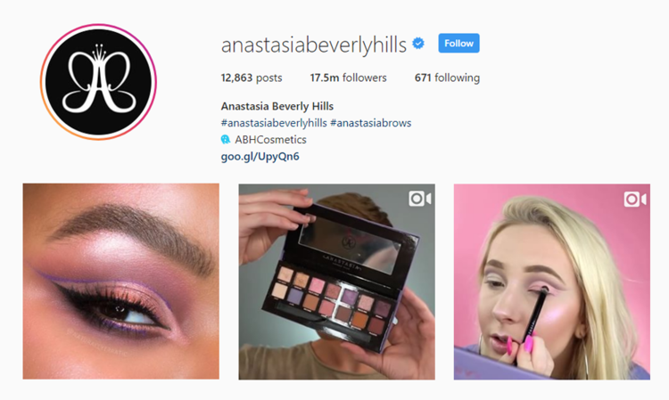 screenshot of Instagram profile for MUA @anastasiabeverlyhills