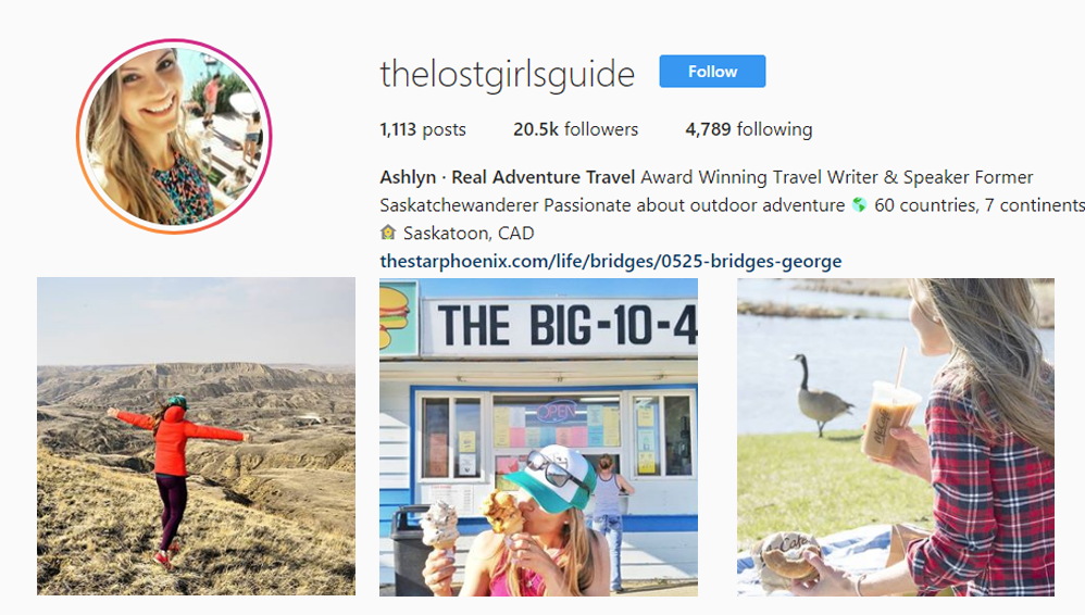 screenshot of the Instagram profile of @thelostgirlsguide - Saskatoon