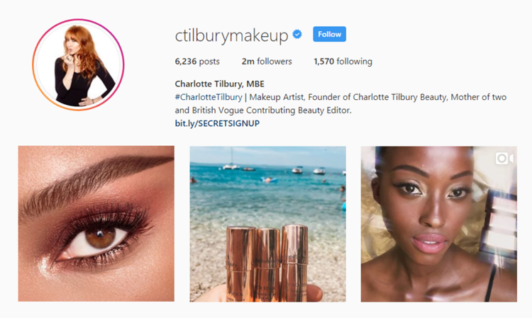 screenshot of Instagram profile for MUA @ctilburymakeup