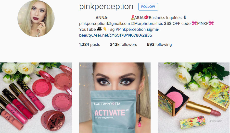 Instagram profile of beauty blogger @pinkperception