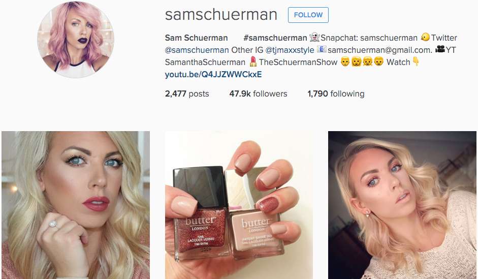 Instagram profile of beauty blogger @samschuerman