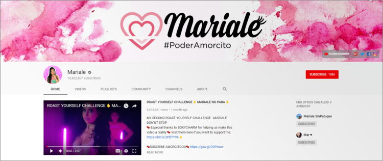 Screenshot of Mariale channel on YouTube.