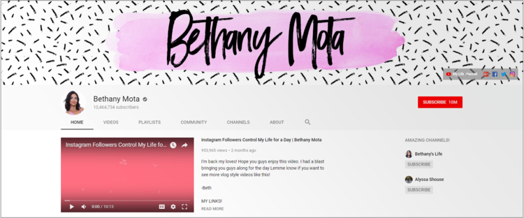 Screenshot of Bethany Mota channel on YouTube.