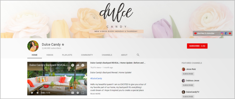 Screenshot of Dulce Candy channel on YouTube.