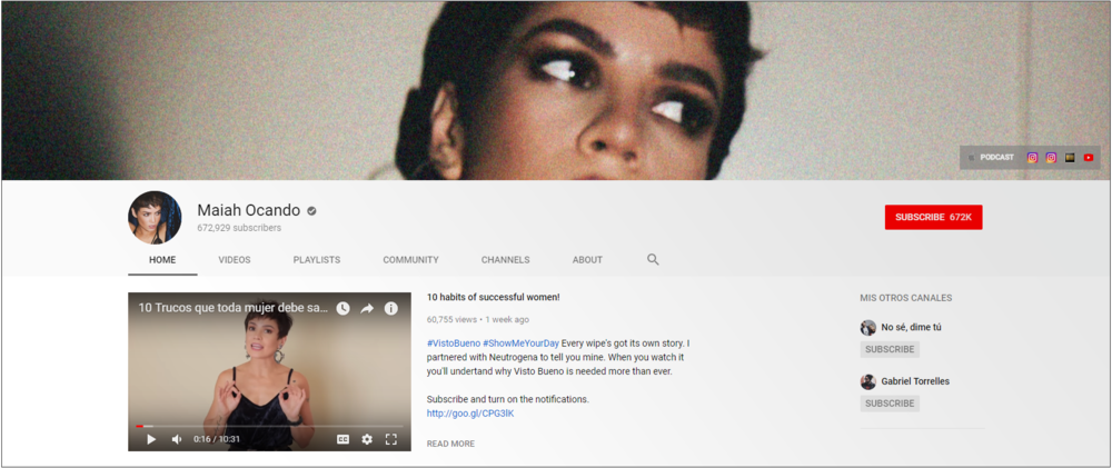 Screenshot of Maiah Ocando channel on YouTube.