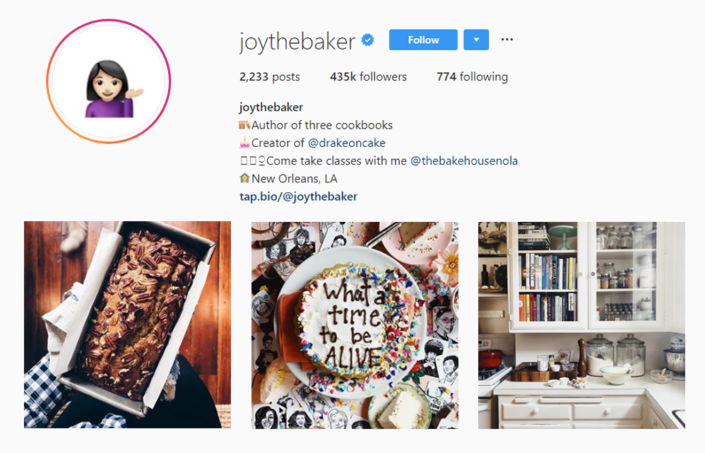 Screenshot of @JOYTHEBAKER handle on Instagram.