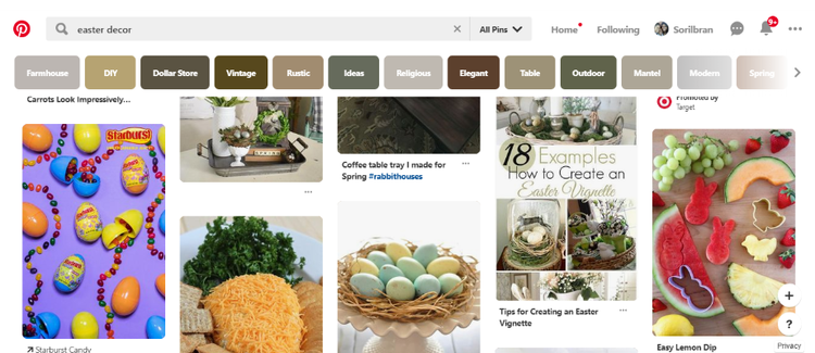 Screenshot of Pinterest results for the search easter decor.