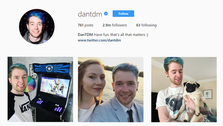 screenshot of @dantdm Instagram feed