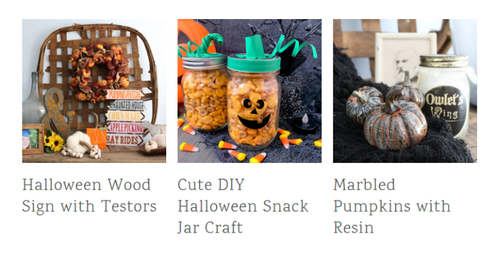 A grid of three pictures of Halloween wood, halloween snacks and pumpkins.