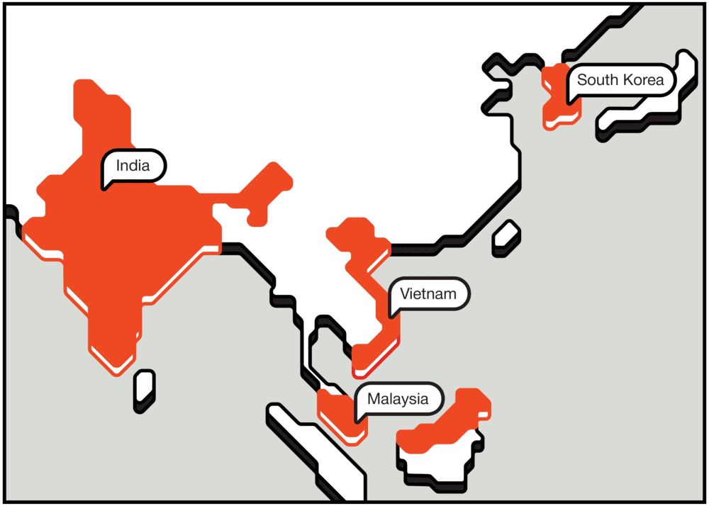 map illustration showing India, Vietnam, Malaysia, and South Korea