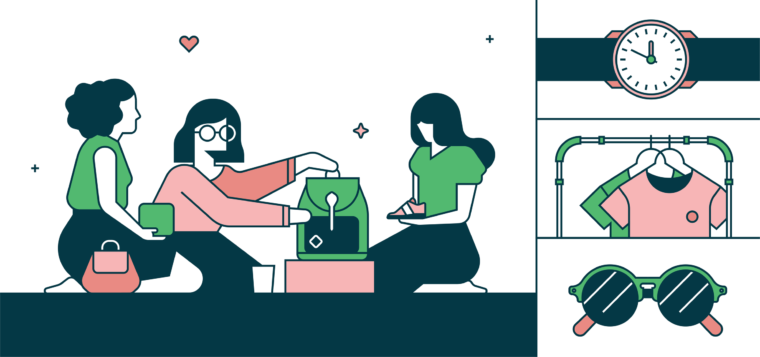 Colourful line illustration of silhoutte of women shopping