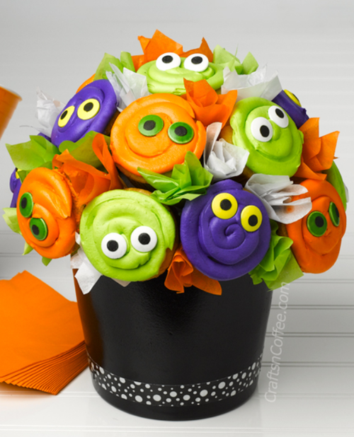 An image of Halloween bouquets made of cupcakes.