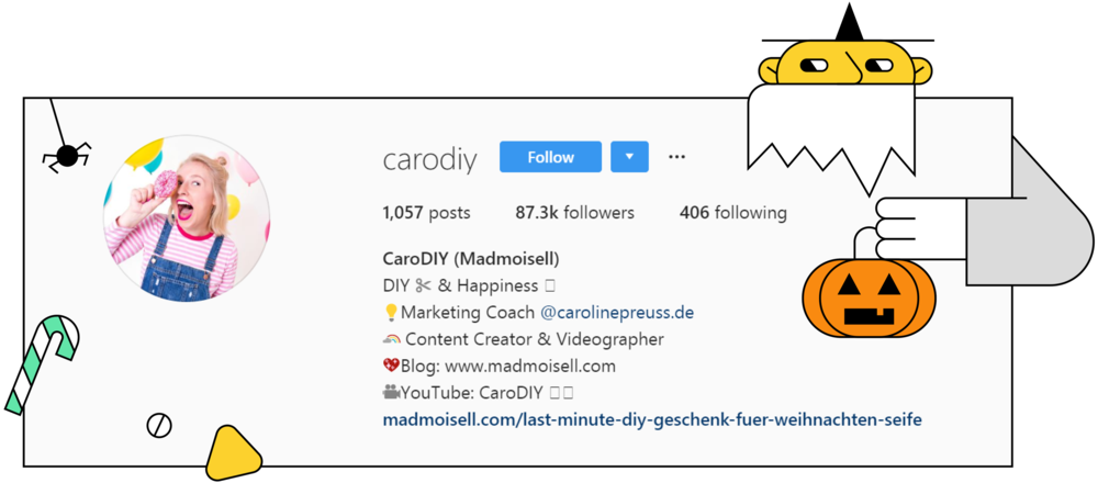 A screenshot of the description of @carodiy profile on Instagram.