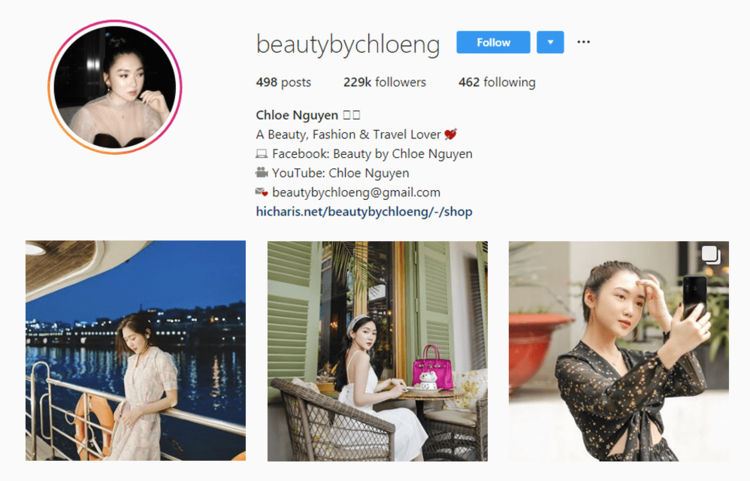 screenshot of Instagram profile of @BEAUTYBYCHLOENG - VIETNAM