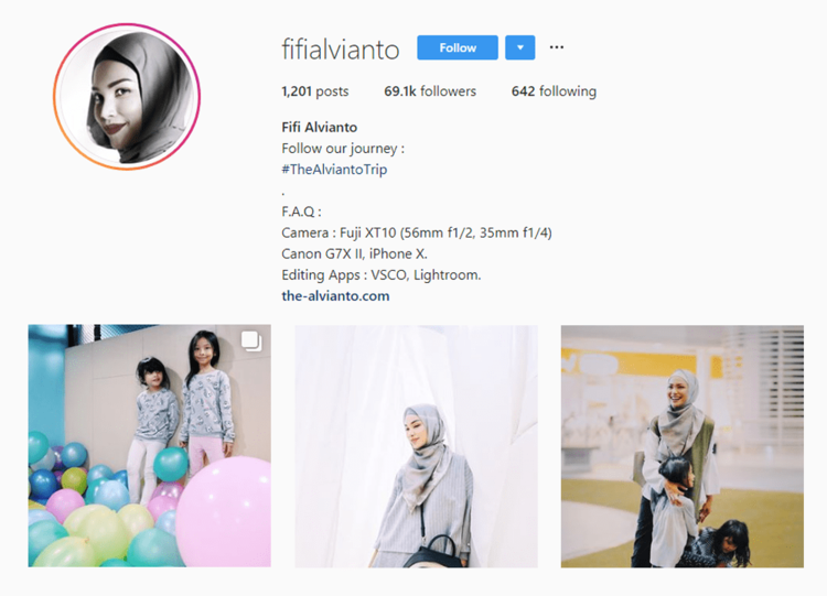 screenshot of Instagram profile of Asian influencer @FIFIALVIANTO - INDONESIA