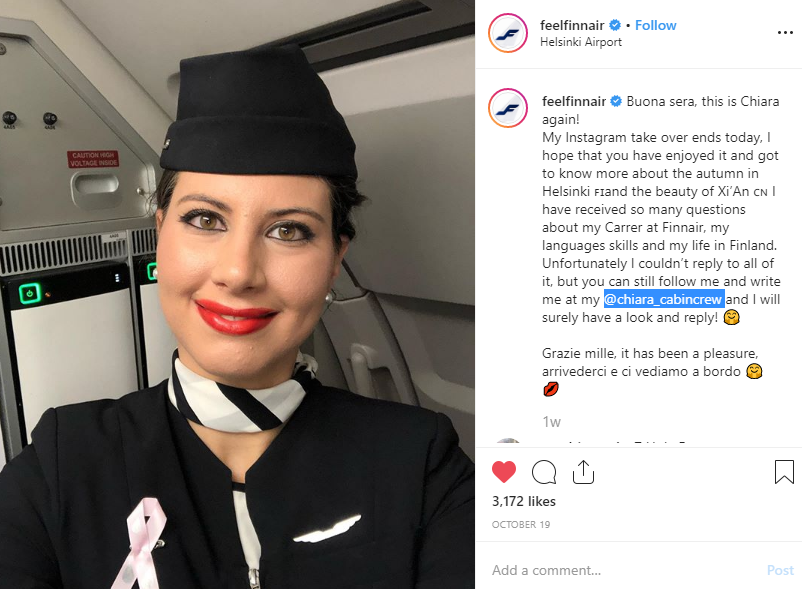 Screenshot of 5 posts from feelfinnair on Instagram.