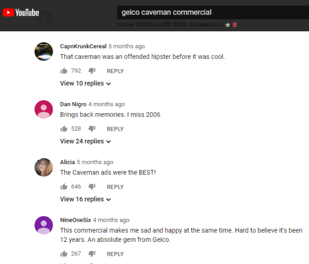 Screenshot of search results of Geico caveman commercials on YouTube.