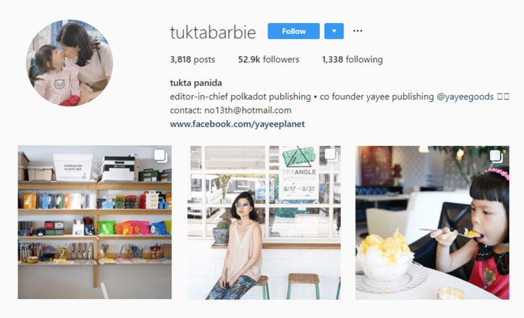 screenshot of Instagram profile of @TUKTABARBIE - THAILAND