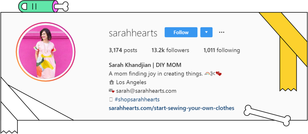 A screenshot of the description of @sarahhearts profile on Instagram.