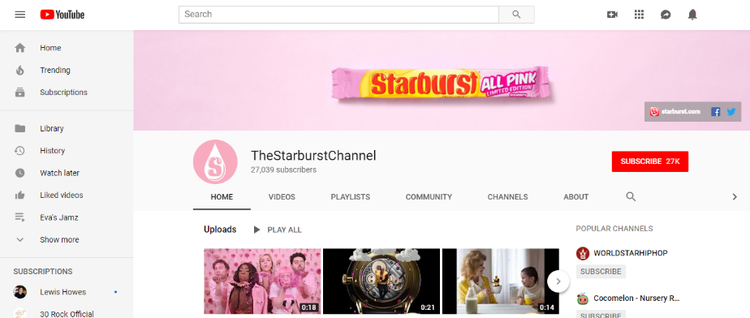 Screenshot of Starbust Channel on YouTube.