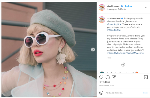 Screenshot of IG post from Amy Roiland x Zenni Optical collab.
