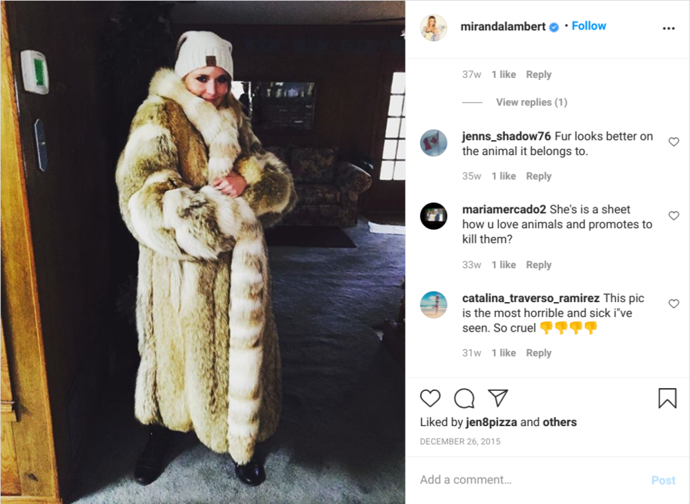 Post of Miranda Lambert in fur coat and people hating on her.