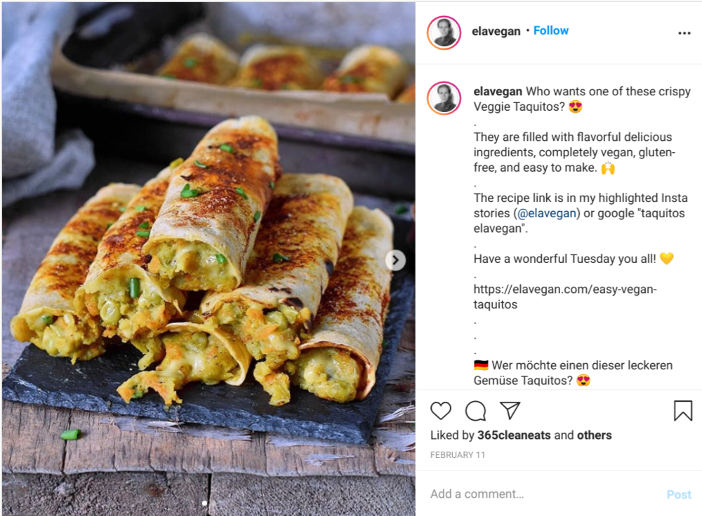 Elevegan Instagram pic of vegan food -  taquitos