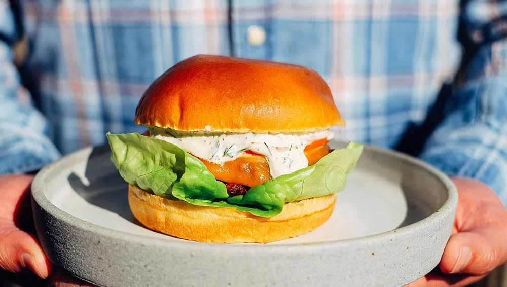 Cheese burger made St Pierre Bakery bread