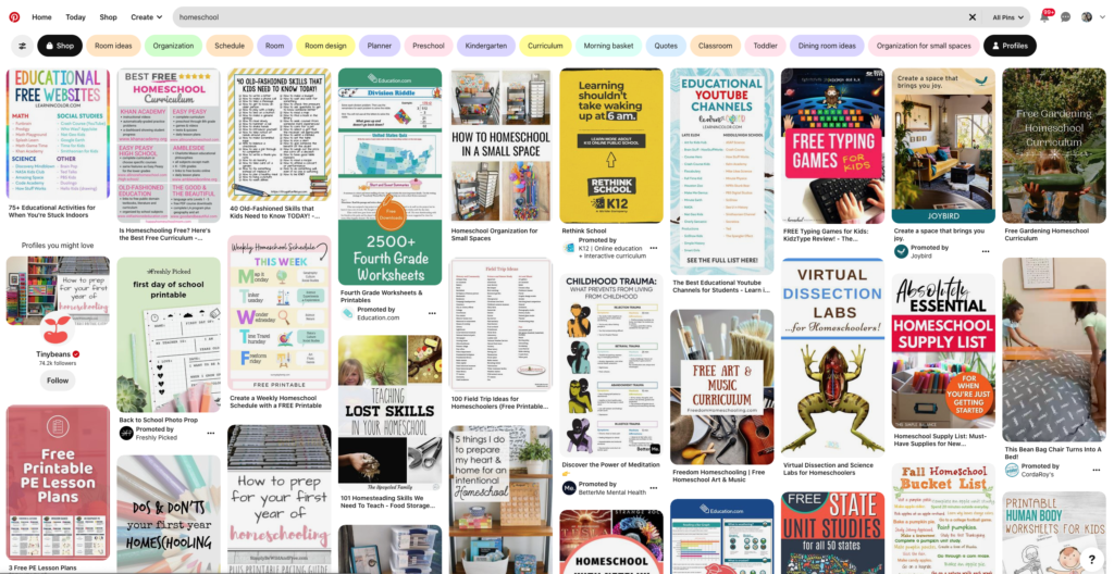 screenshot of Pinterest homeschool-related pins - 2022 back-to-school trends