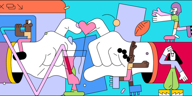 colorful graphic of two large hands forming a heart surrounding by February-themed iconography including a football player, hearts, characters, and a fun beverage