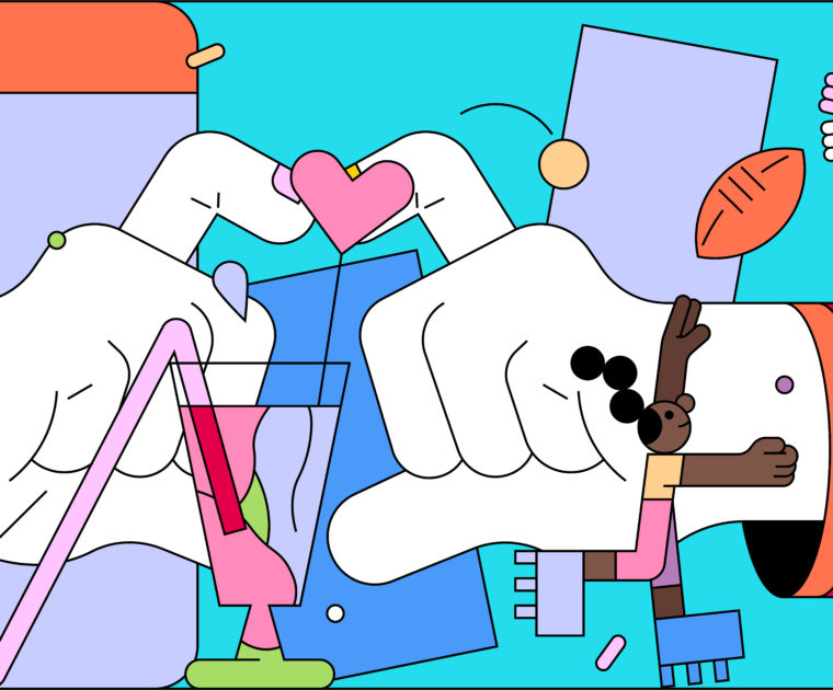 colorful graphic of two large hands forming a heart surrounding by February-themed iconography including a football player, hearts, characters, and a fun beverage