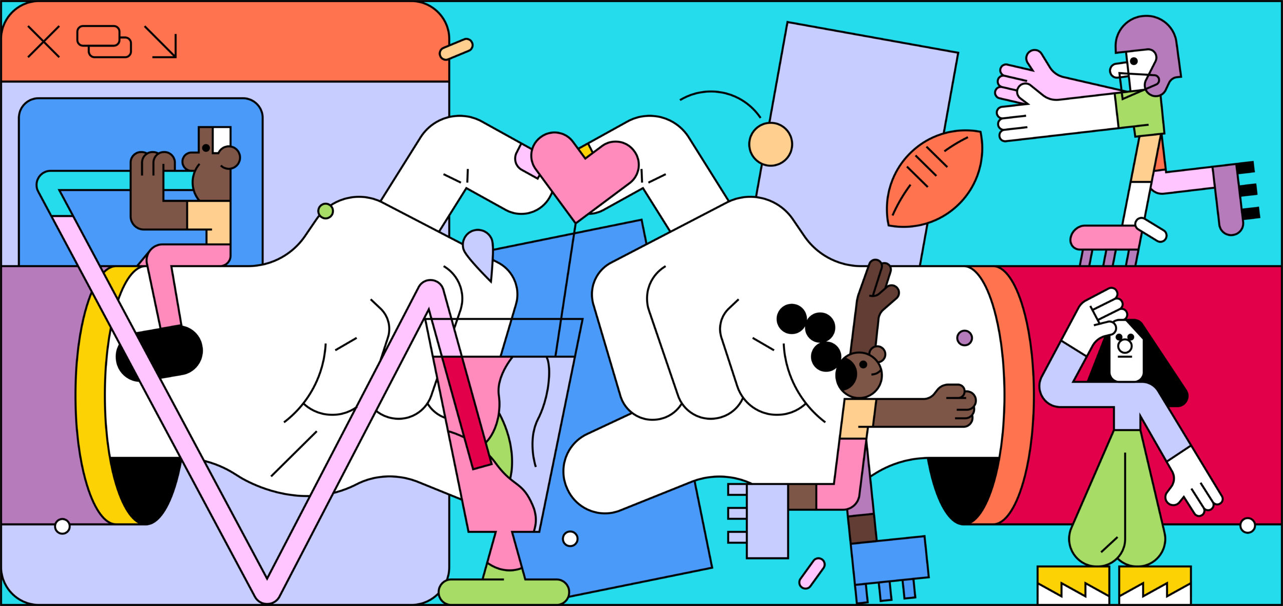 colorful graphic of two large hands forming a heart surrounding by February-themed iconography including a football player, hearts, characters, and a fun beverage