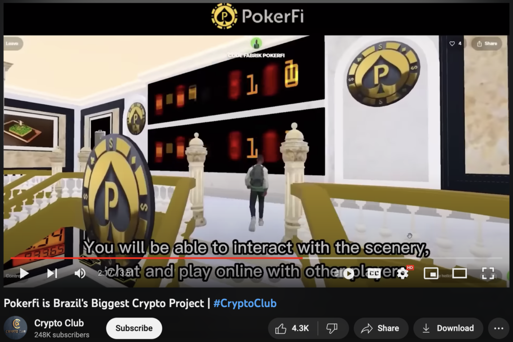 YouTube screenshot of crypto influencer marketing example. Crypto Club demos Pokerfi crypto project.