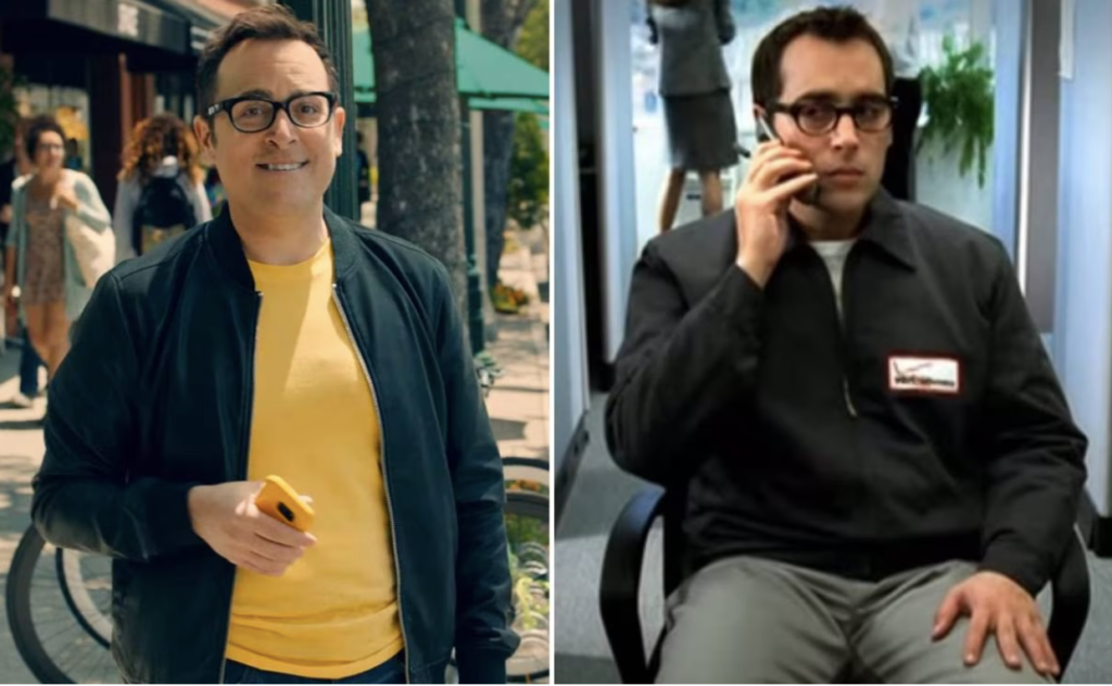 Side-by-side image of man in glasses posing as the spokesperson of Sprint and Verizon.